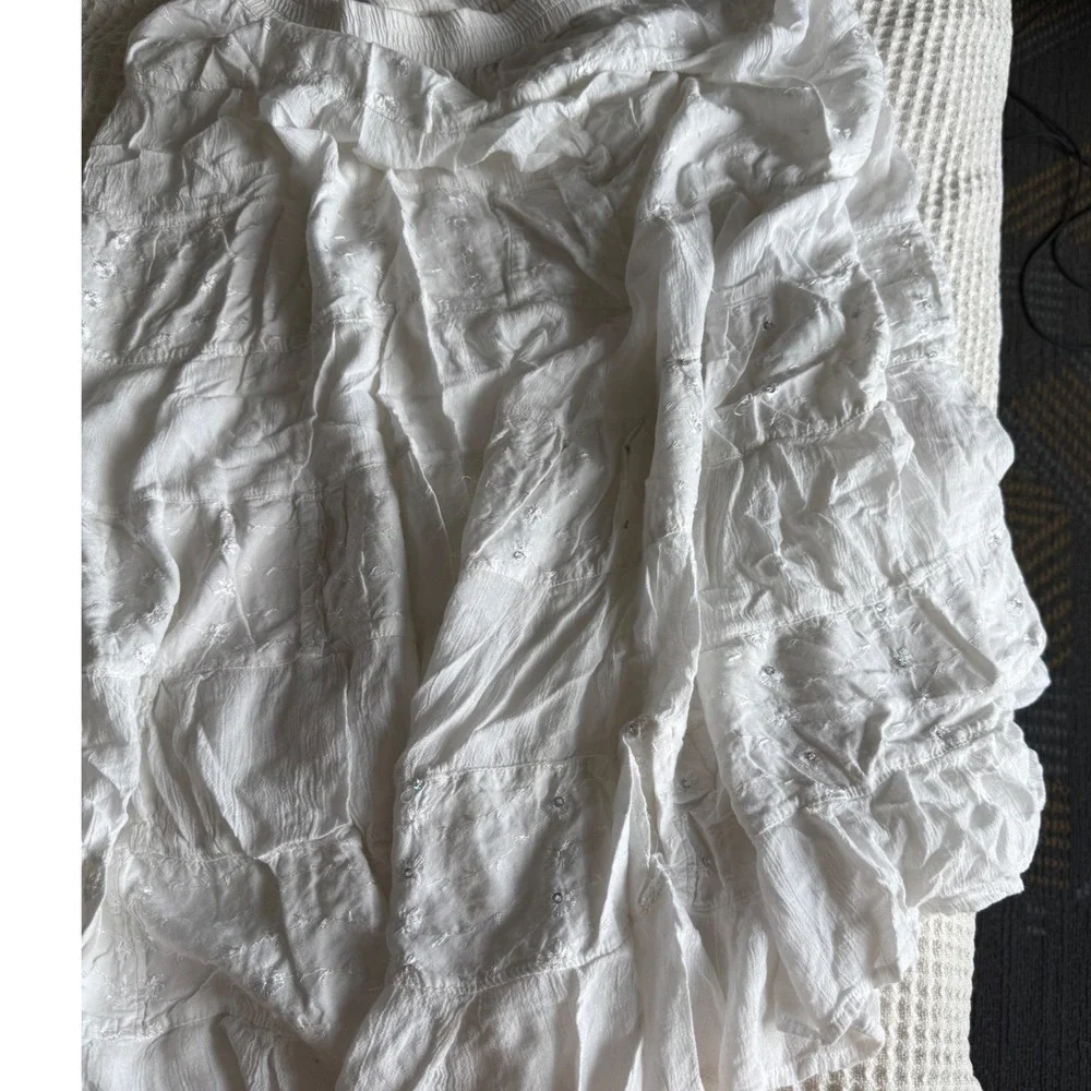 Sacred Threads White Rayon Tiered Maxi Skirt Sequin Embroidered Boho OSFM